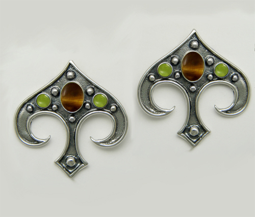 Sterling Silver Gothic Inspired Drop Dangle Earrings With Tiger Eye And Peridot